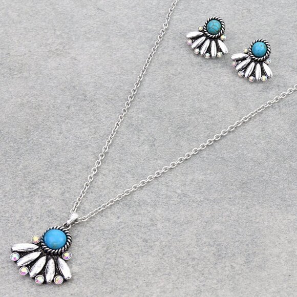 Turquoise Crystal Bling Concho Stone Necklace Earrings Western Cowgirl SET NEW - Picture 1 of 5